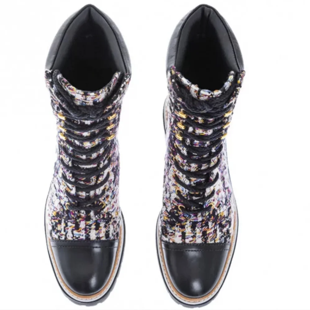 Tory Burch Miller Lug Sole Leather and Tweed size Lace Up Boot 9